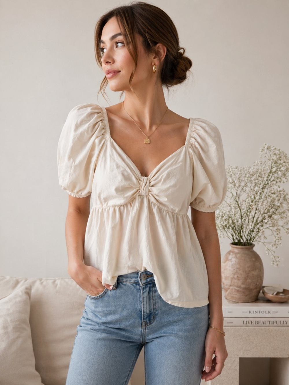 TCEC Cream Puff Sleeve Peplum Blouse